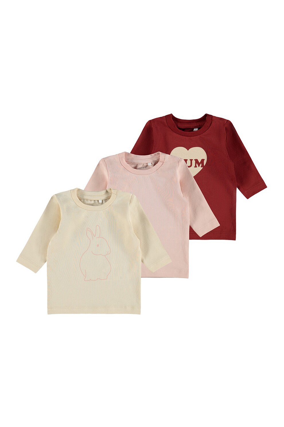 NAME IT, Set de bluze din amestec de bumbac organic cu decolteu la baza gatului, 3 piese, Roz/Rosu inchis
