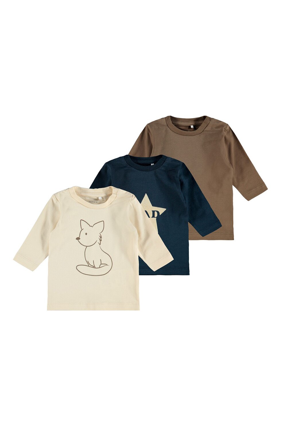 NAME IT, Set de bluze din amestec de bumbac organic cu decolteu la baza gatului, 3 piese, Bleumarin/Maro/Alb fldes