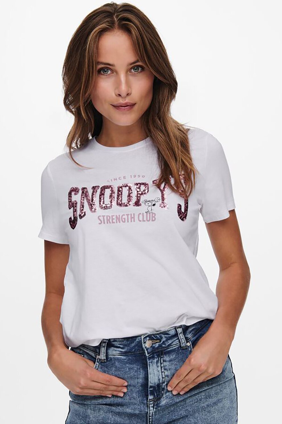 Only, Tricou cu imprimeu cu paiete Peanuts, Alb/Roz