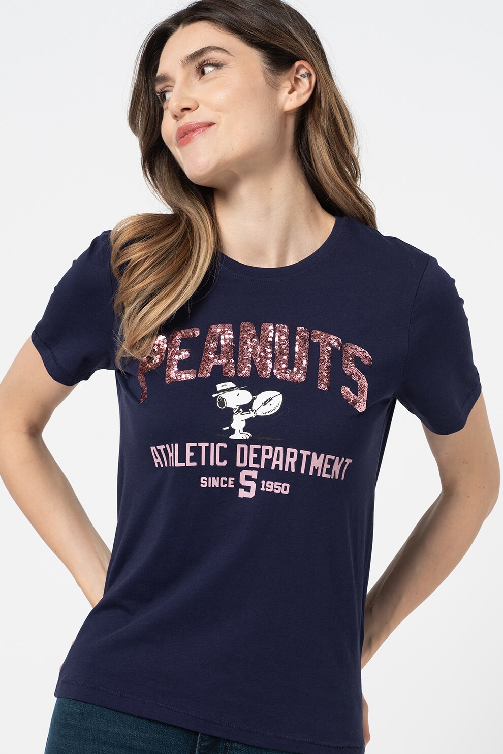 Only, Tricou cu imprimeu cu paiete Peanuts, Bleumarin/Lila prafuit