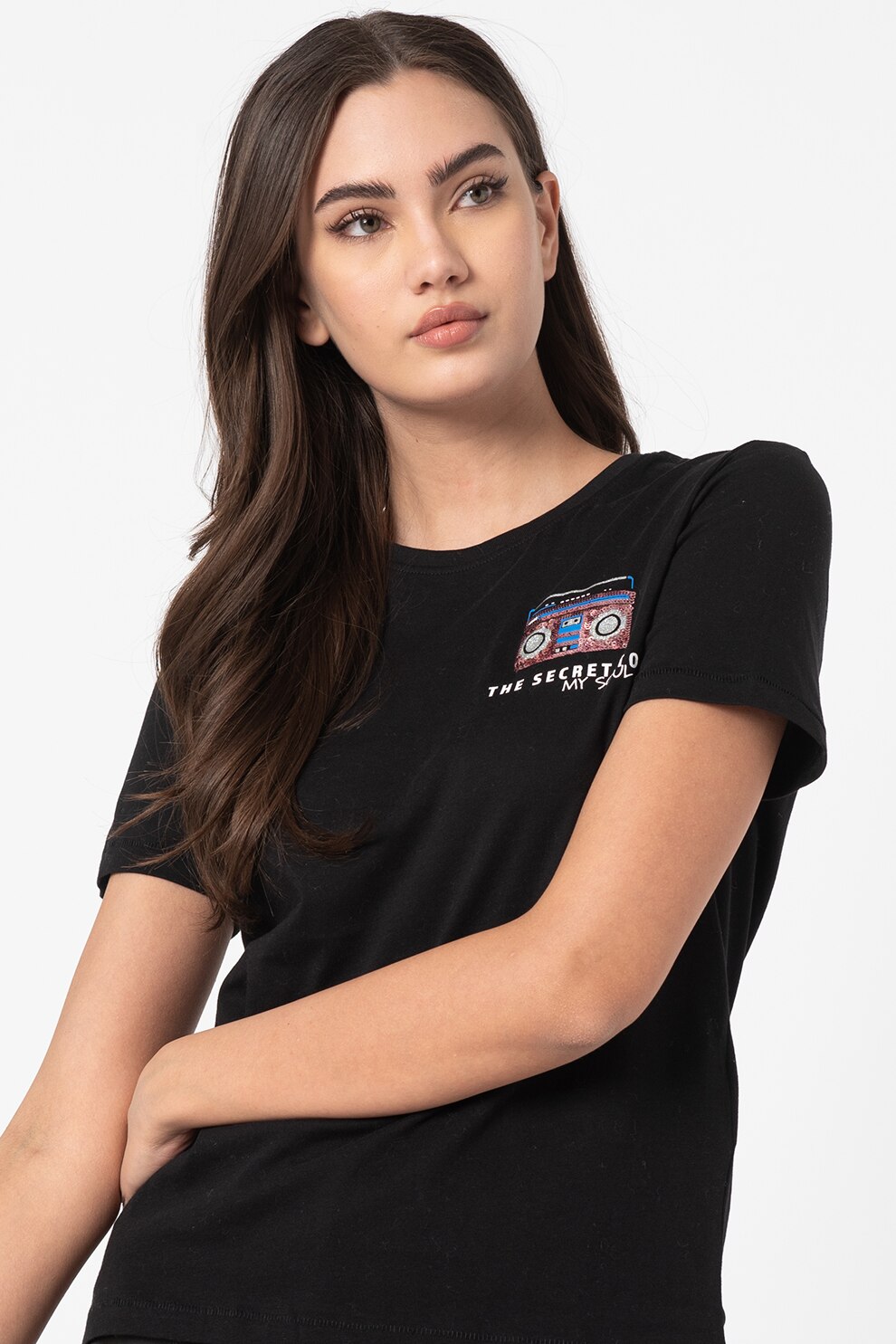 Only, Tricou regular fit cu aplicatii de paiete Kita, Negru