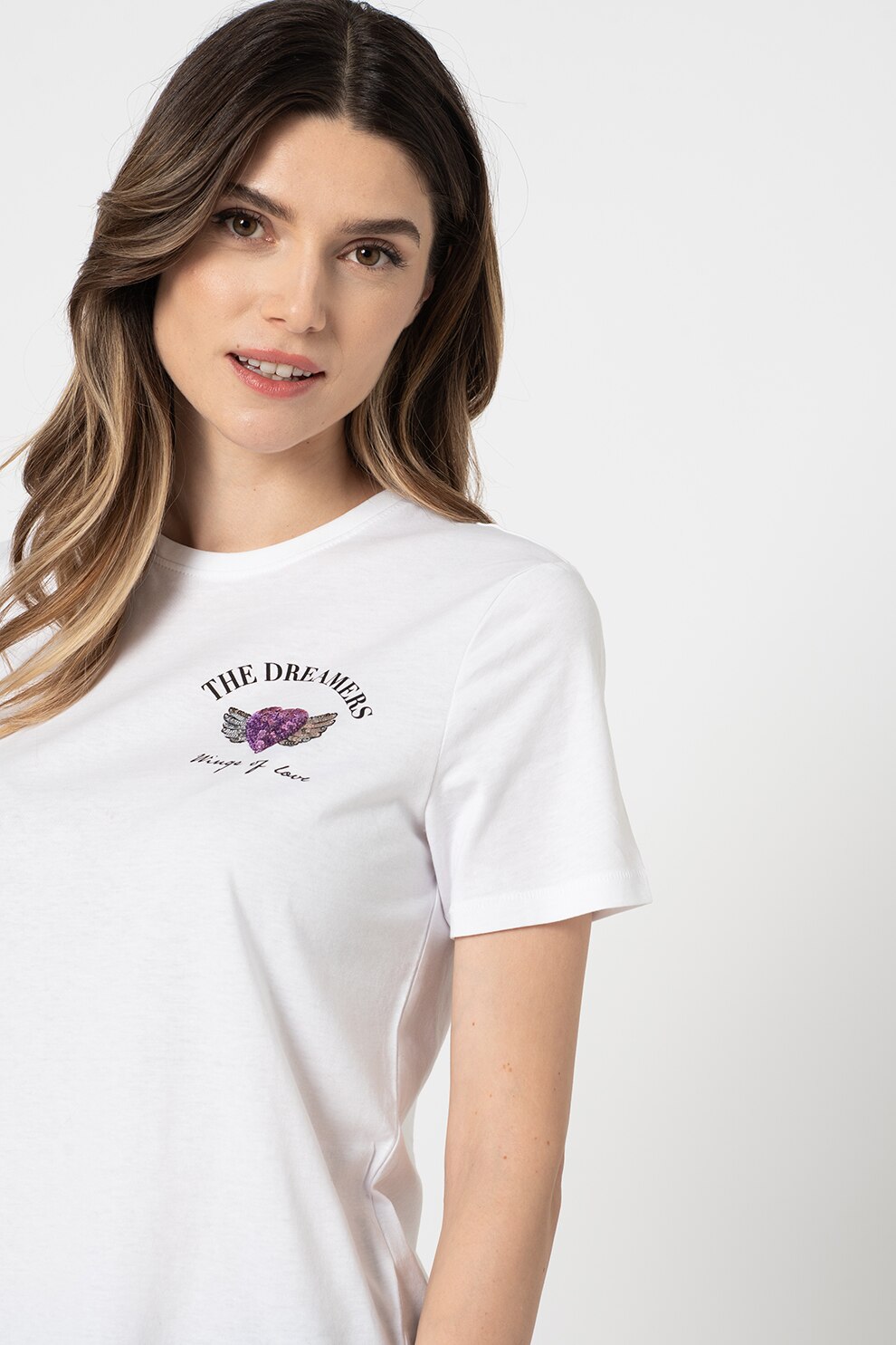 Only, Tricou cu decolteu la baza gatului si imprimeu grafic Kita, Alb