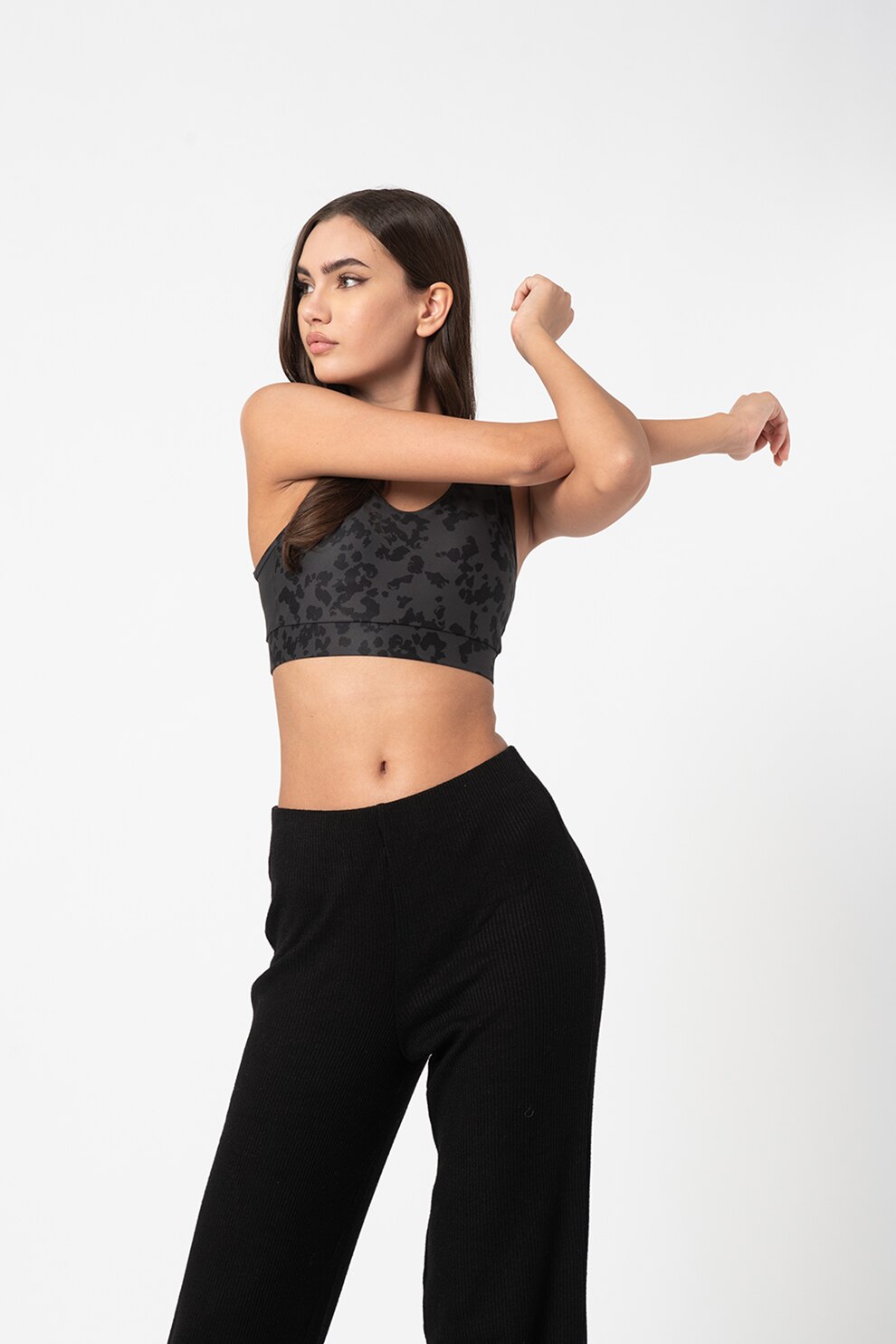 Only Play, Bustiera sport cu animal print, Gri inchis/ Negru