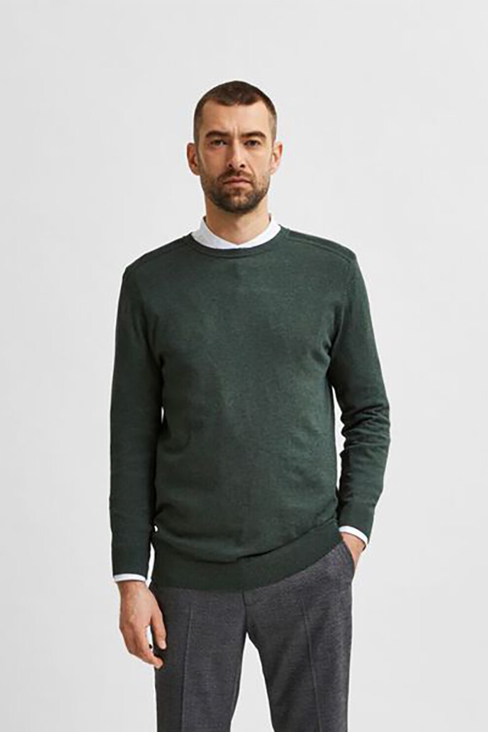 Selected Homme, Pulover cu decolteu la baza gatului, tricotat fin, Verde forest