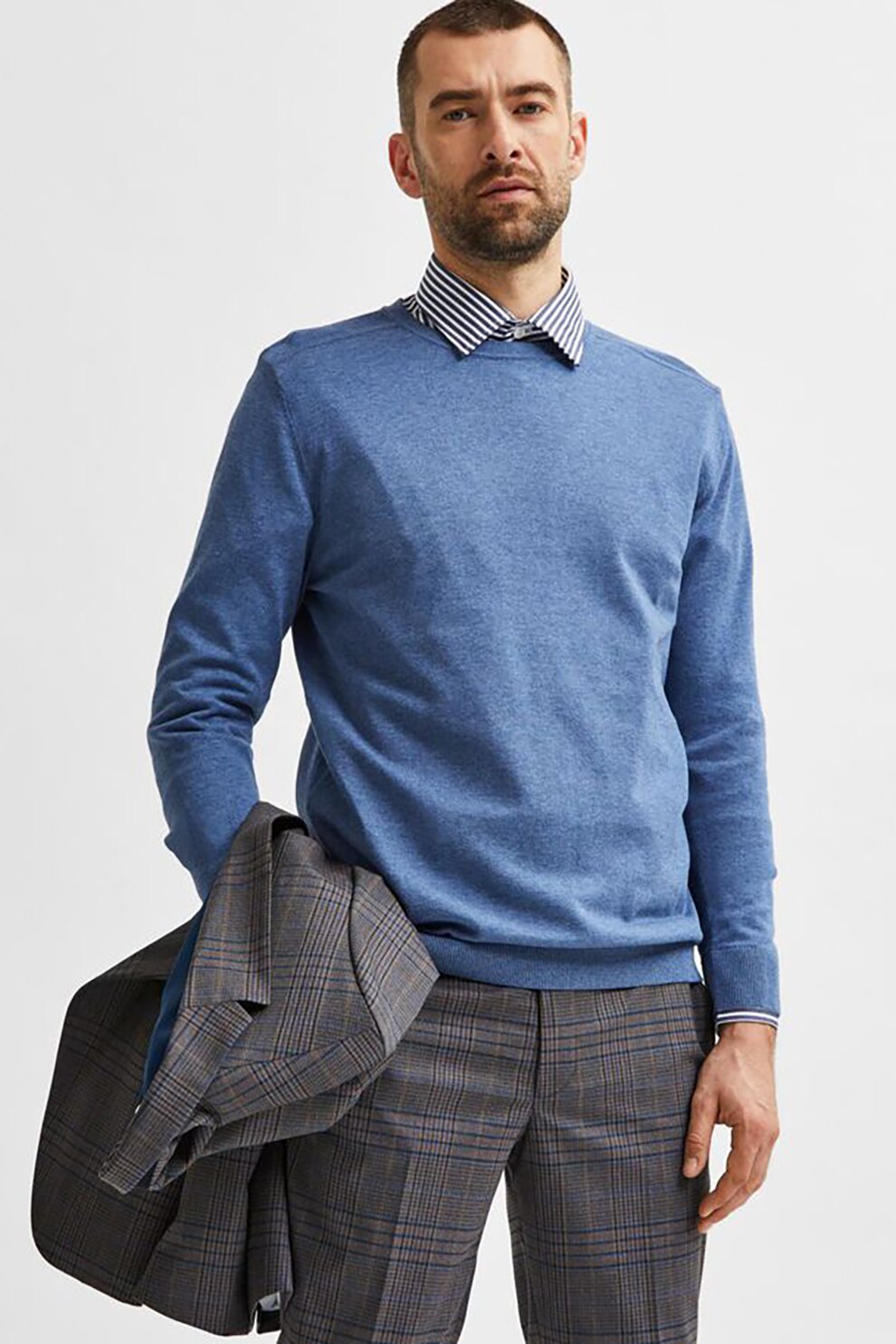 Selected Homme, Pulover cu decolteu la baza gatului, tricotat fin, Albastru inchis