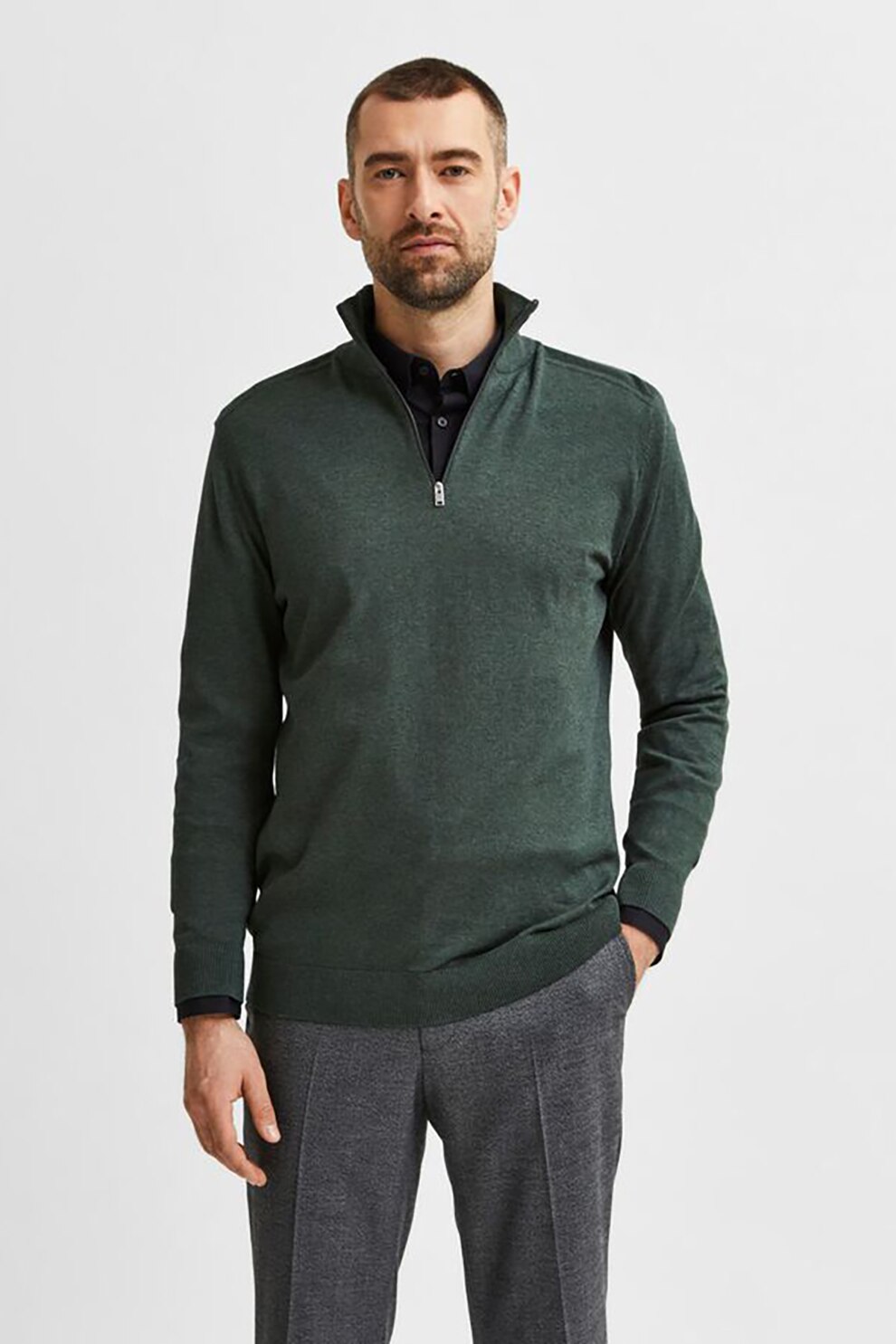 Selected Homme, Pulover cu guler inalt si fenta cu fermoar, Verde forest, S