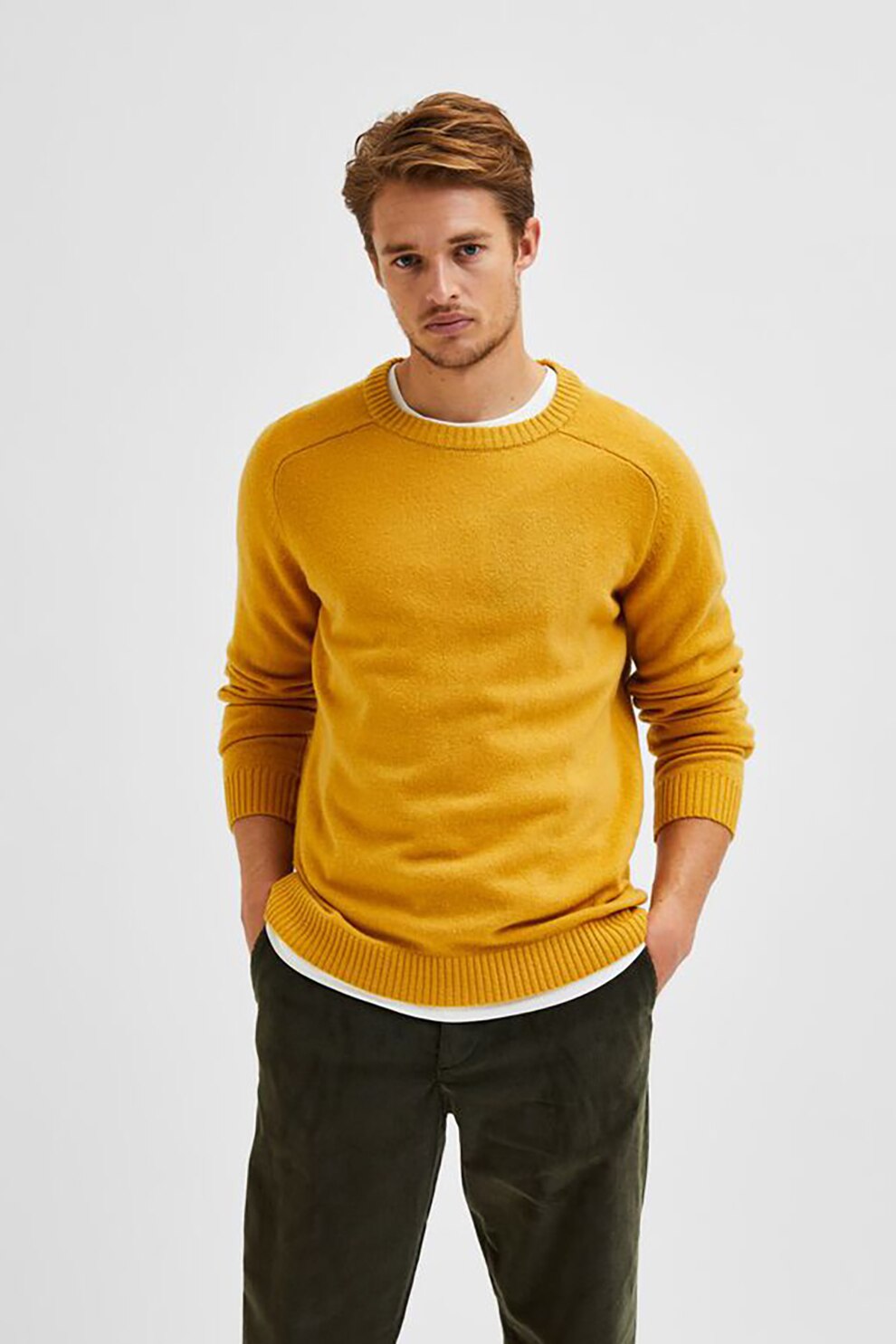 Selected Homme, Pulover de lana tricotat, Galben sofran