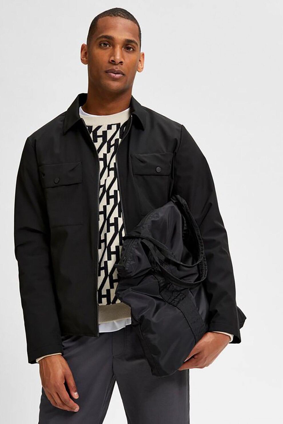 Selected Homme, Jacheta cu fermoar si buzunare pe piept, Negru