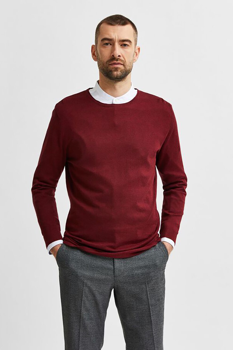 Selected Homme, Pulover tricotat fin din amestec de lyocell si bumbac organic, Rosu inchis
