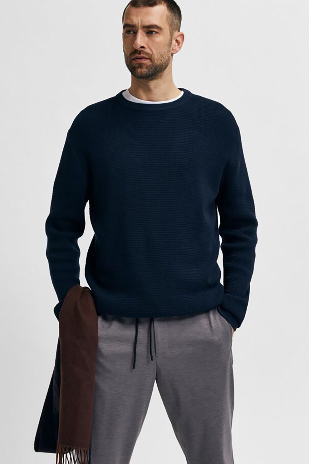 Selected Homme, Pulover texturat de bumbac organic, Bleumarin