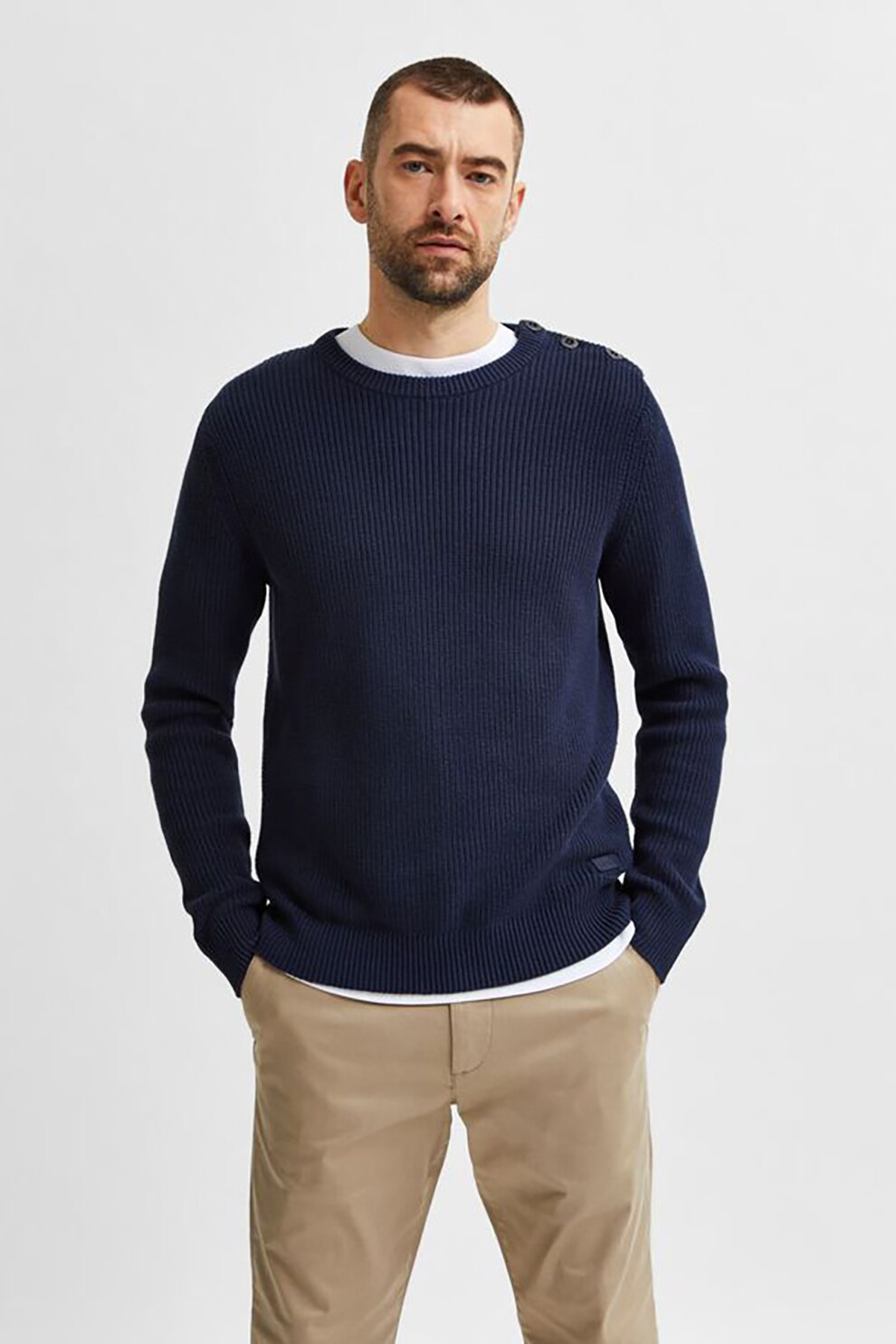 Selected Homme, Pulover de bumbac organic, Bleumarin