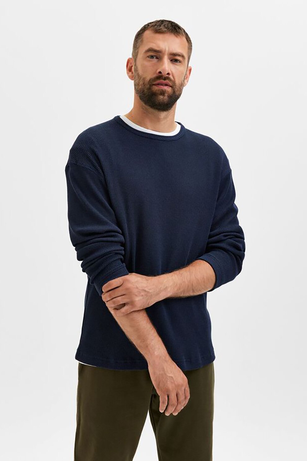 Selected Homme, Pulover tricotat fin din amestec de bumbac organic, Bleumarin