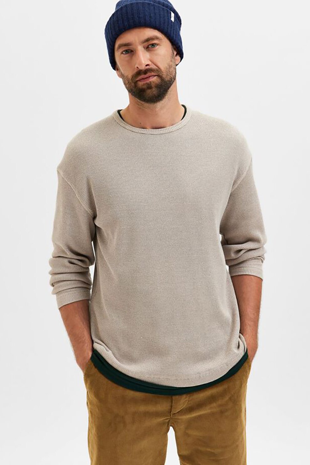 Selected Homme, Pulover tricotat fin din amestec de bumbac organic, Bej