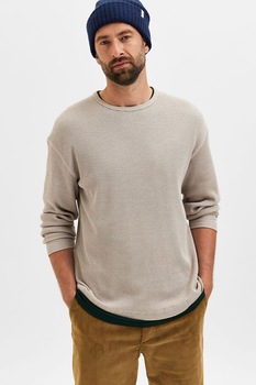 Selected Homme, Pulover tricotat fin din amestec de bumbac organic, Bej Selected Homme, Pulover tricotat fin din amestec de bumbac organic, Bej