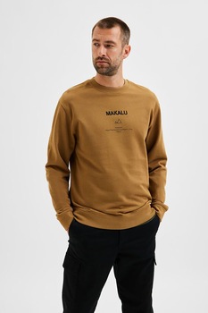 Selected Homme, Bluza sport din bumbac organic cu imprimeu text, Maro Selected Homme, Bluza sport din bumbac organic cu imprimeu text, Maro