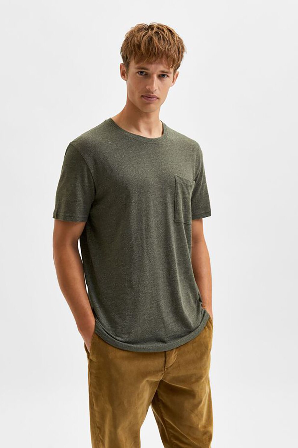 Selected Homme, Tricou din amestec de bumbac organic cu decolteu la baza gatului si buzunar pe piept, Gri inchis