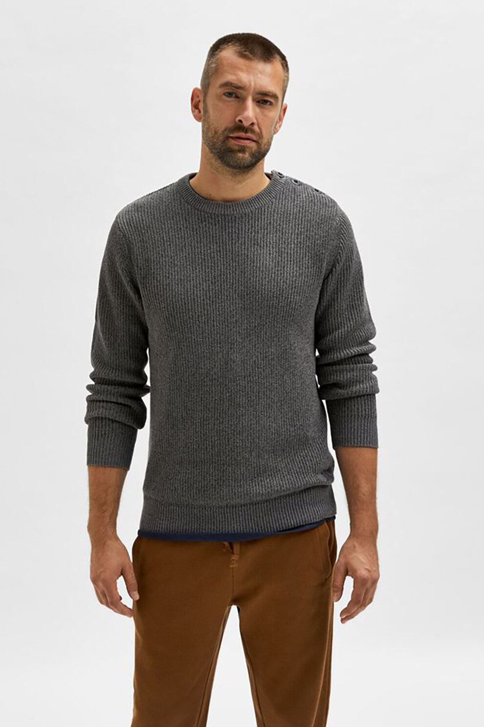 Selected Homme, Pulover din bumbac organic cu aspect striat, Gri inchis