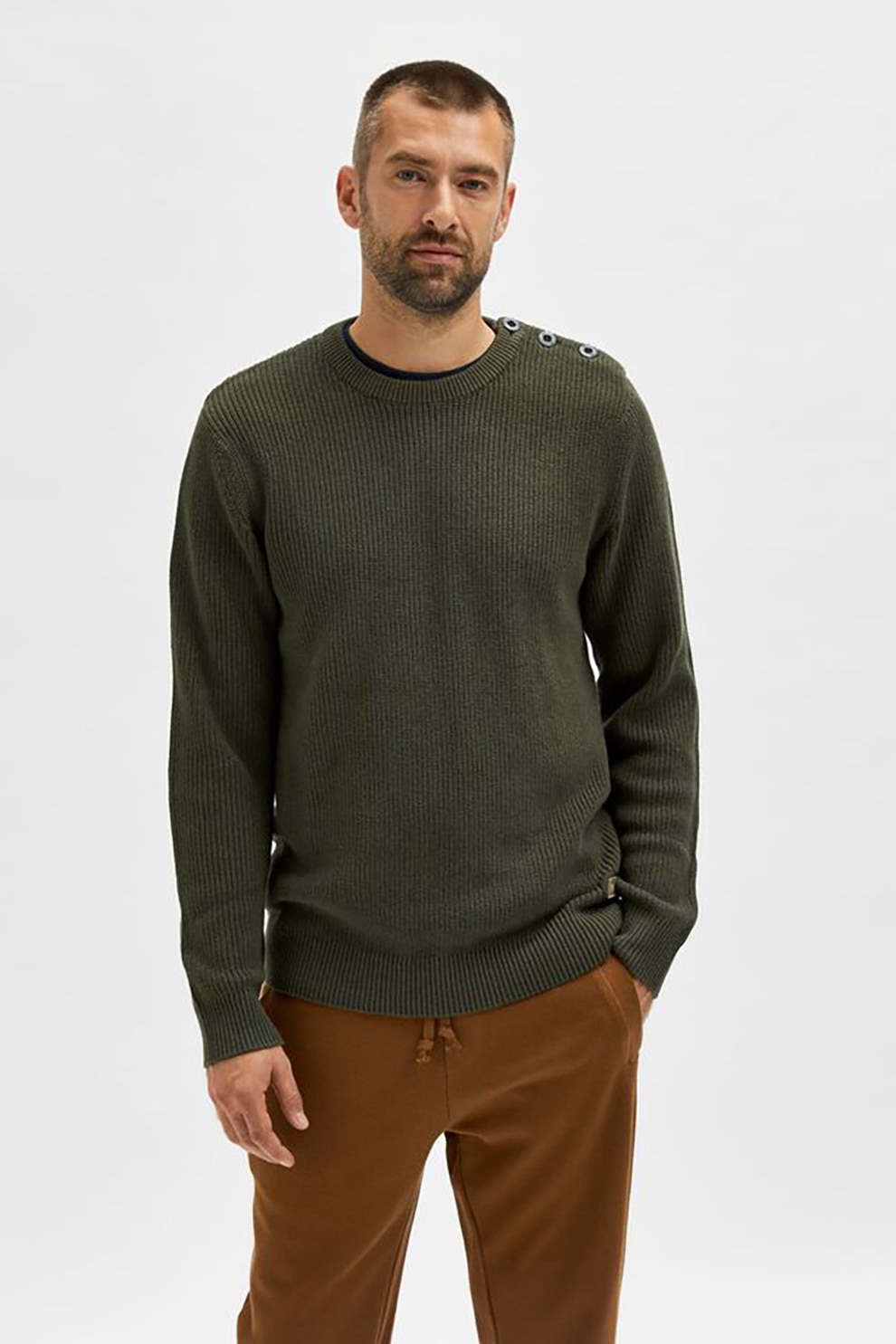 Selected Homme, Pulover din bumbac organic cu aspect striat, Verde forest