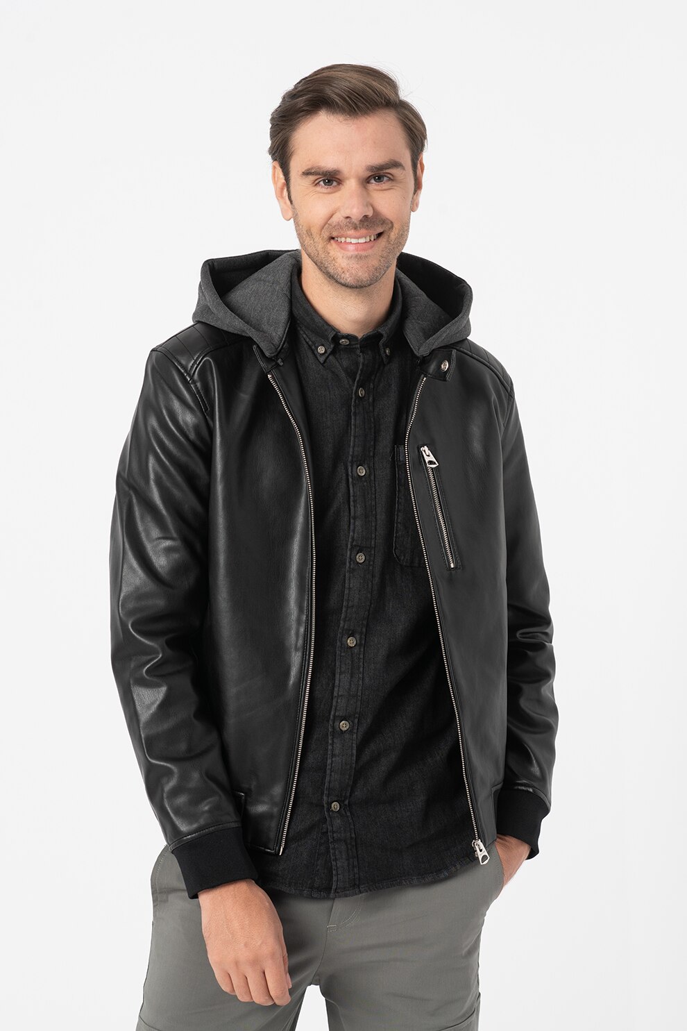Only & Sons, Jacheta de piele ecologica cu gluga Flynn, Negru, XL