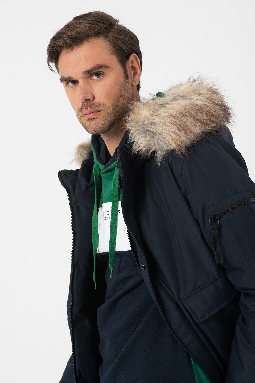 Only & Sons, Geaca cu vatelina si detalii de blana sintetica Hawk, Bleumarin, XL
