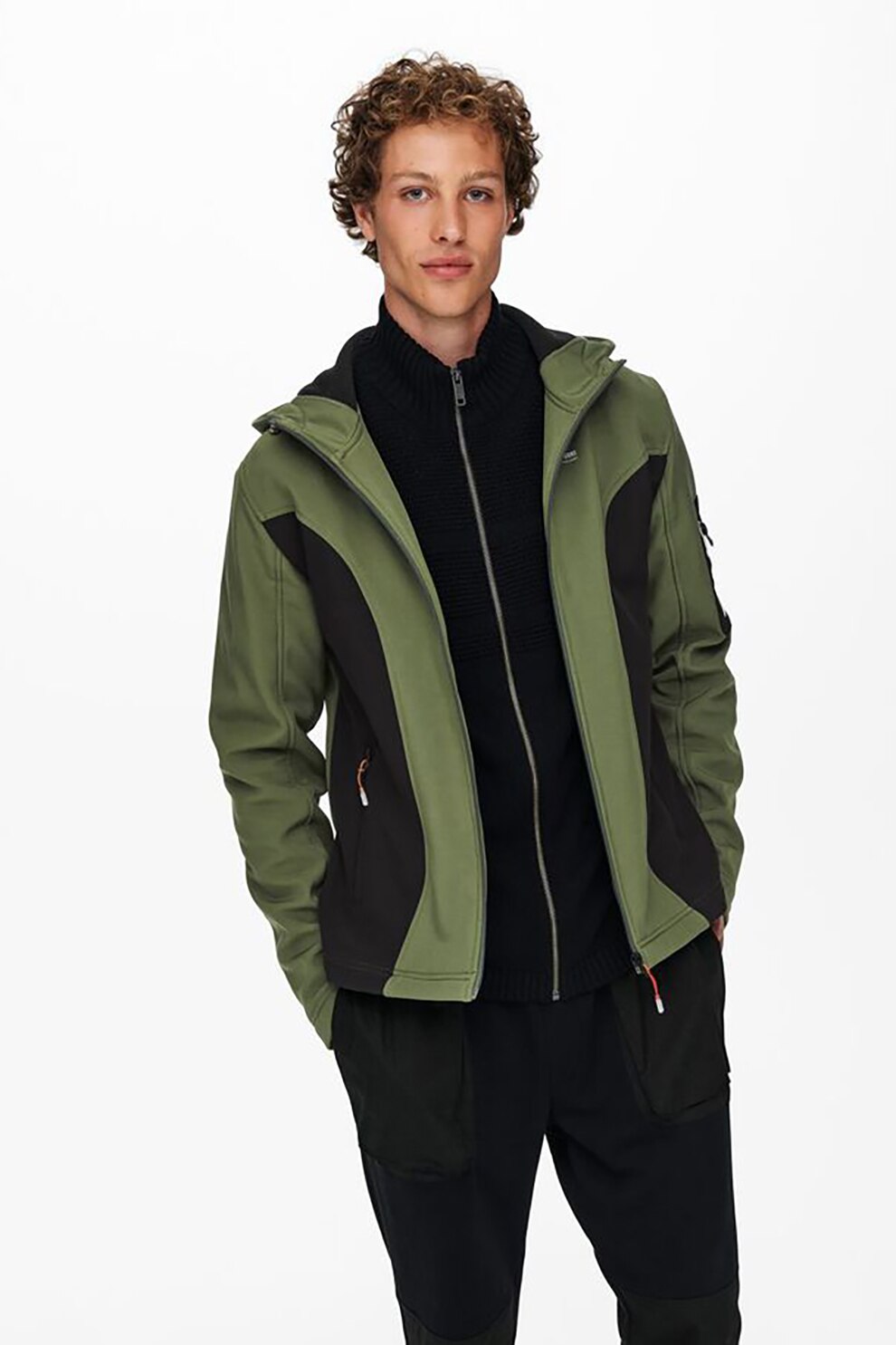 Only & sons, Jacheta cu fermoar si gluga ajustabila, Verde oliv/Negru