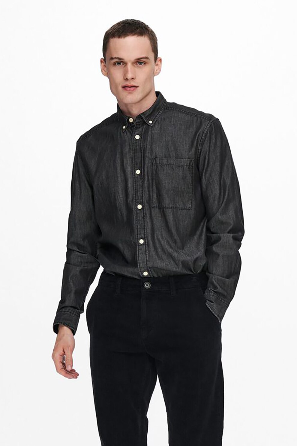 Only & sons, Camasa Oxford regular fit din denim, Negru