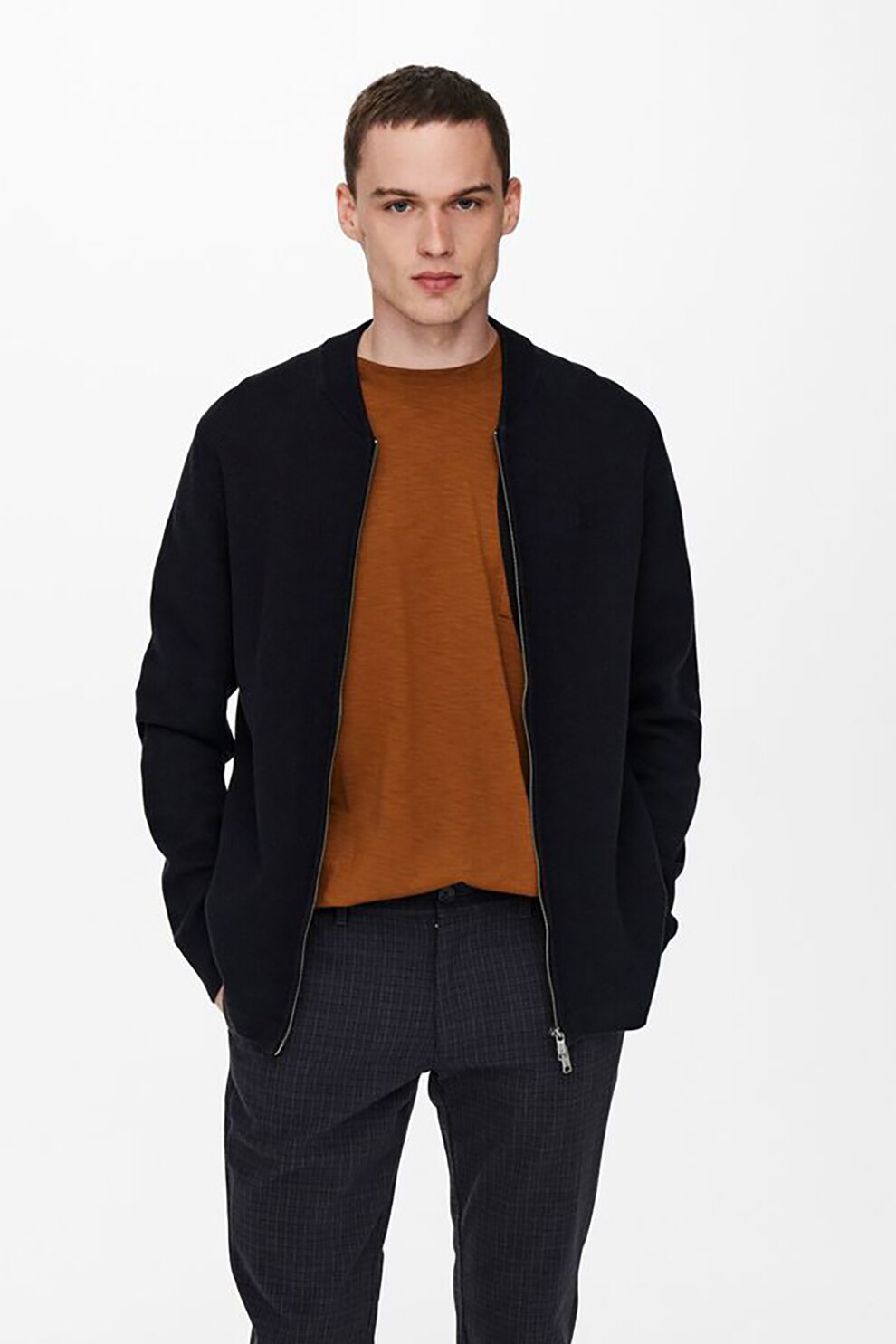 Only & sons, Cardigan cu fermoar si aspect texturat, Bleumarin inchis, S
