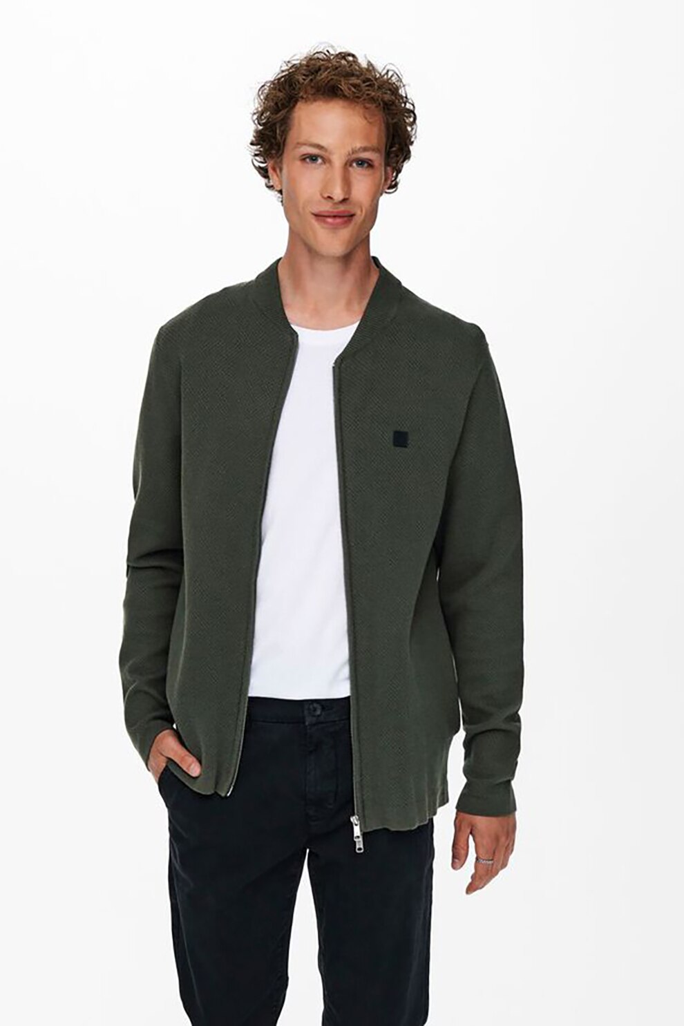 Only & sons, Cardigan cu fermoar si aspect texturat, Verde forest, S