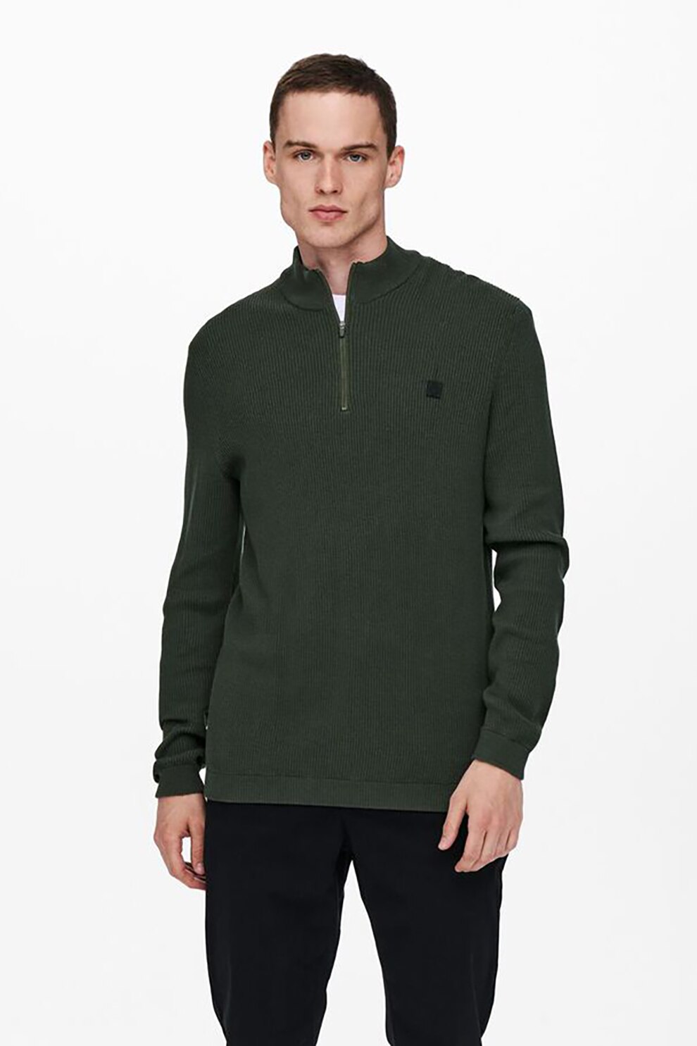 Only & sons, Pulover cu striatii si fenta cu fermoar Web, Verde forest, S