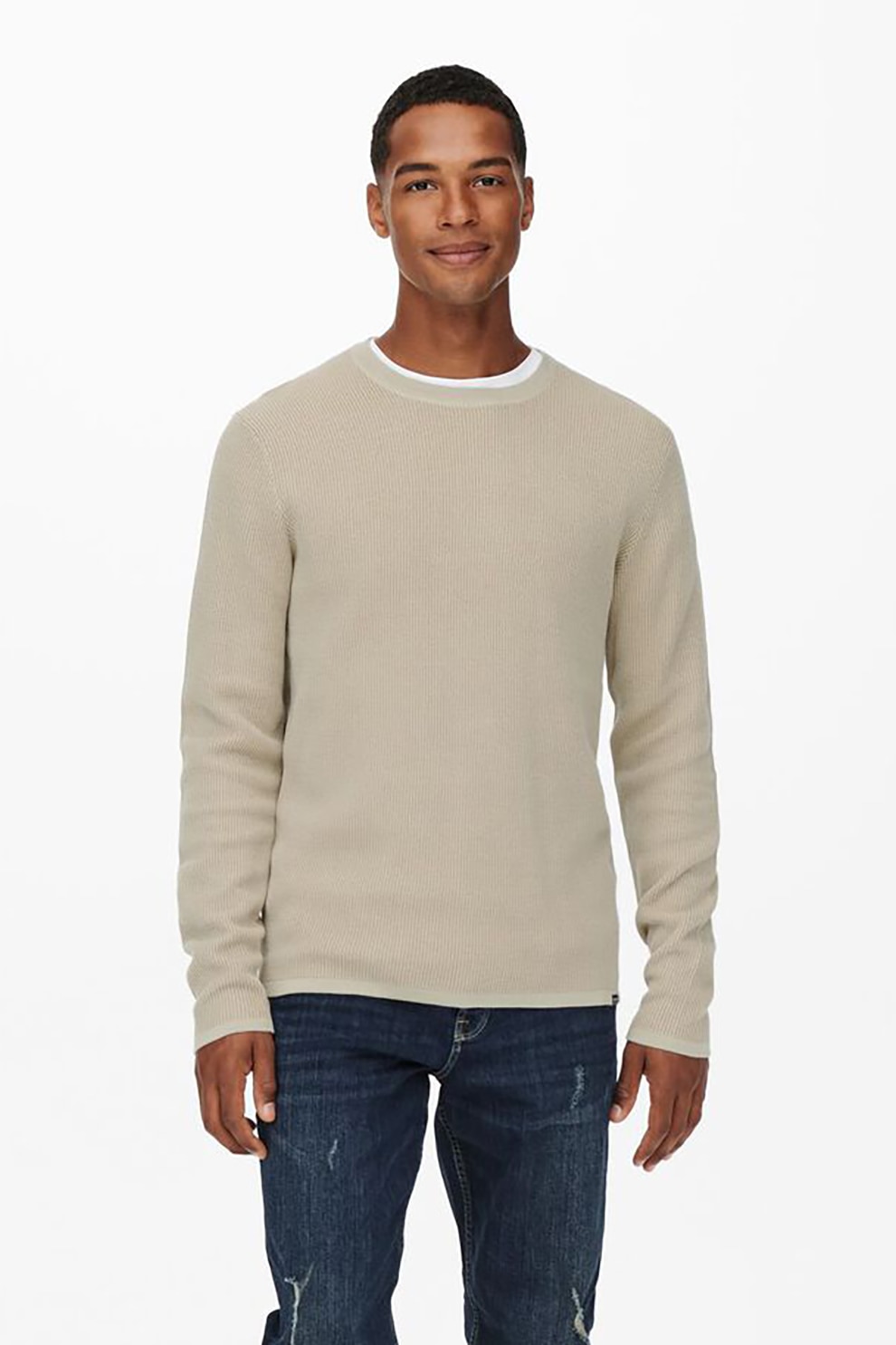 Only & Sons, Pulover cu decolteu la baza gatului si aspect texturat Woody, Crem