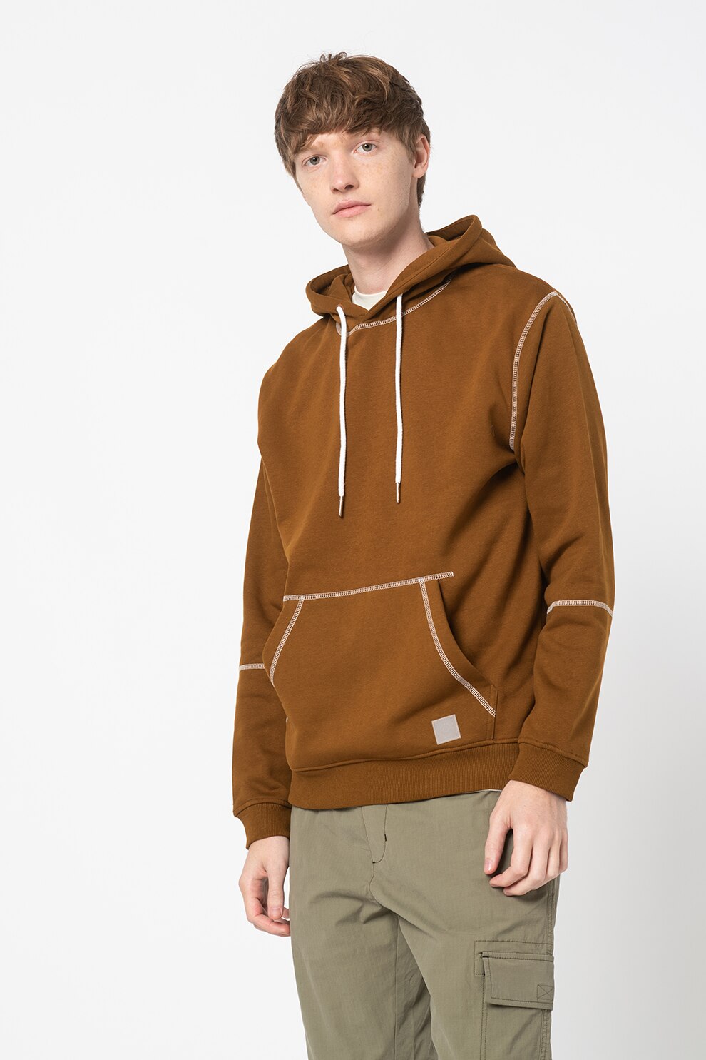 Only & Sons, Hanorac din amestec de bumbac organic cu buzunar kangaroo, Maro caramel