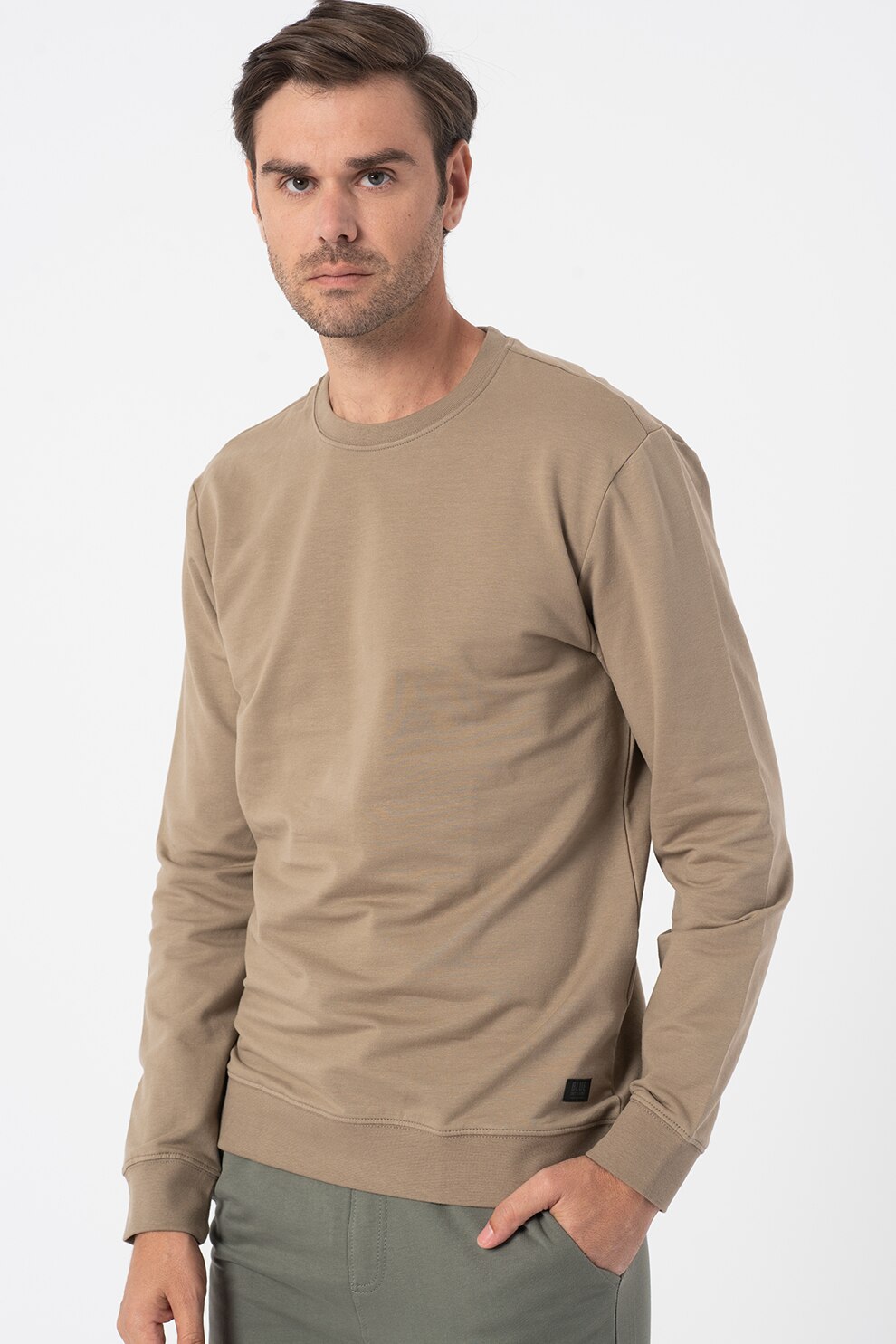 Only & Sons, Bluza din amestec de bumbac cu decolteu la baza gatului Kenneth, Maro taupe
