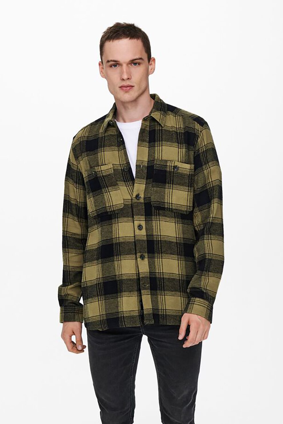 Only & Sons, Camasa cu model in carouri si buzunare pe piept Nadal, Negru/Galben