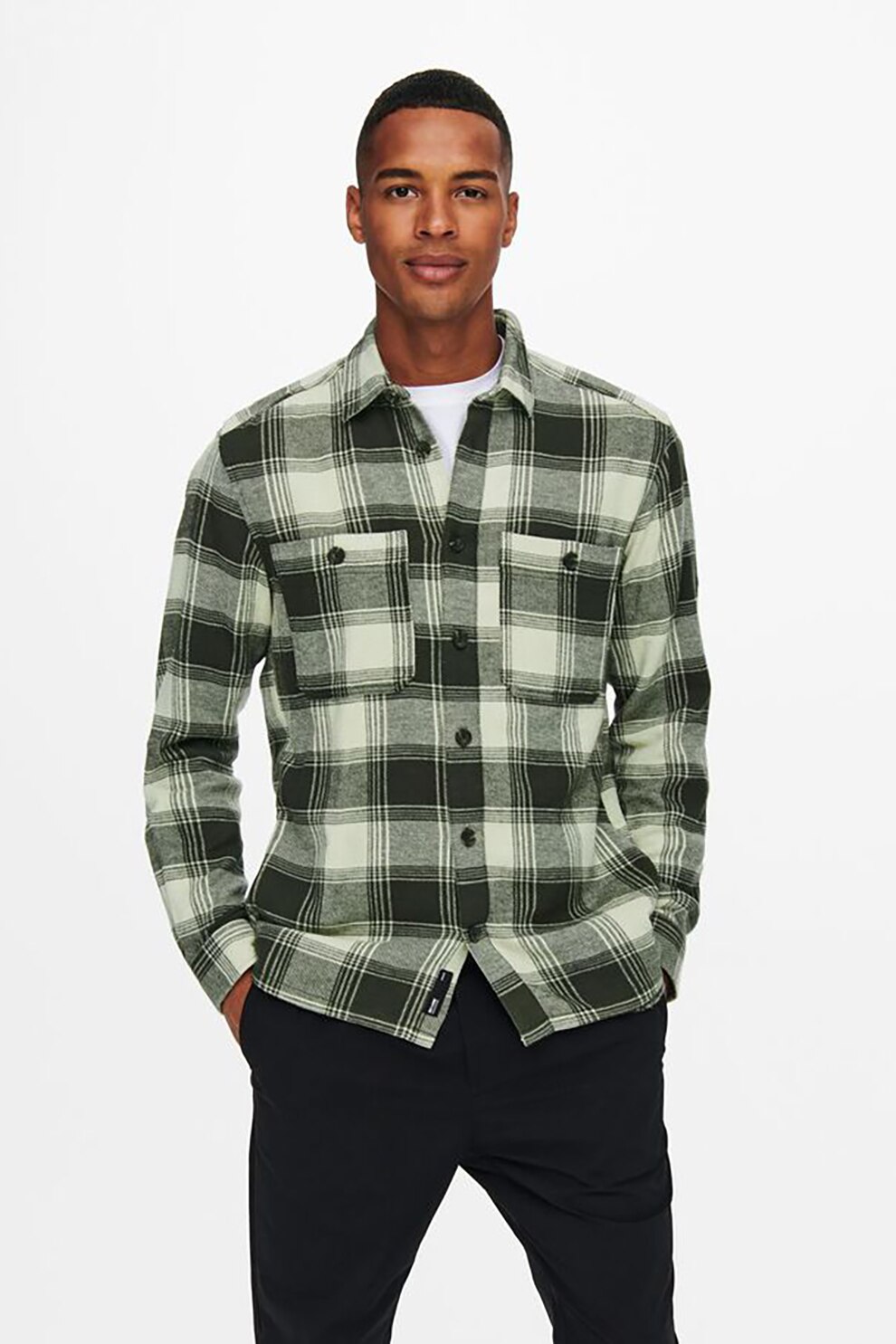 Only & Sons, Camasa cu model in carouri si buzunare pe piept Nadal, Verde forest/Alb