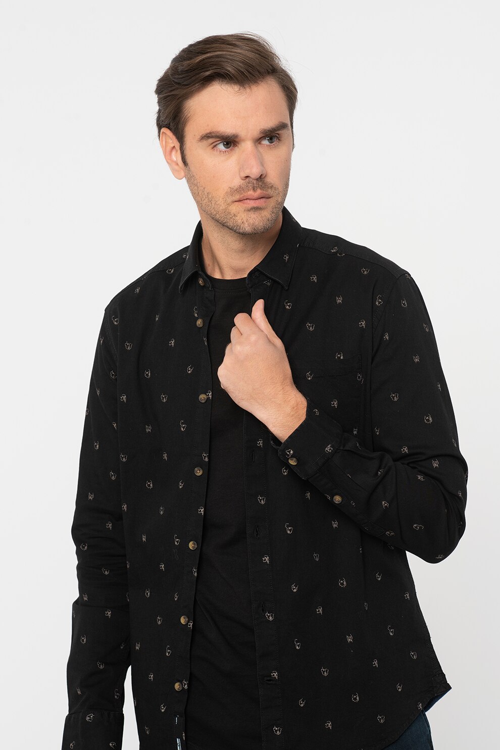 Only & Sons, Camasa cu model si buzunar pe piept Mick, Gri antracit