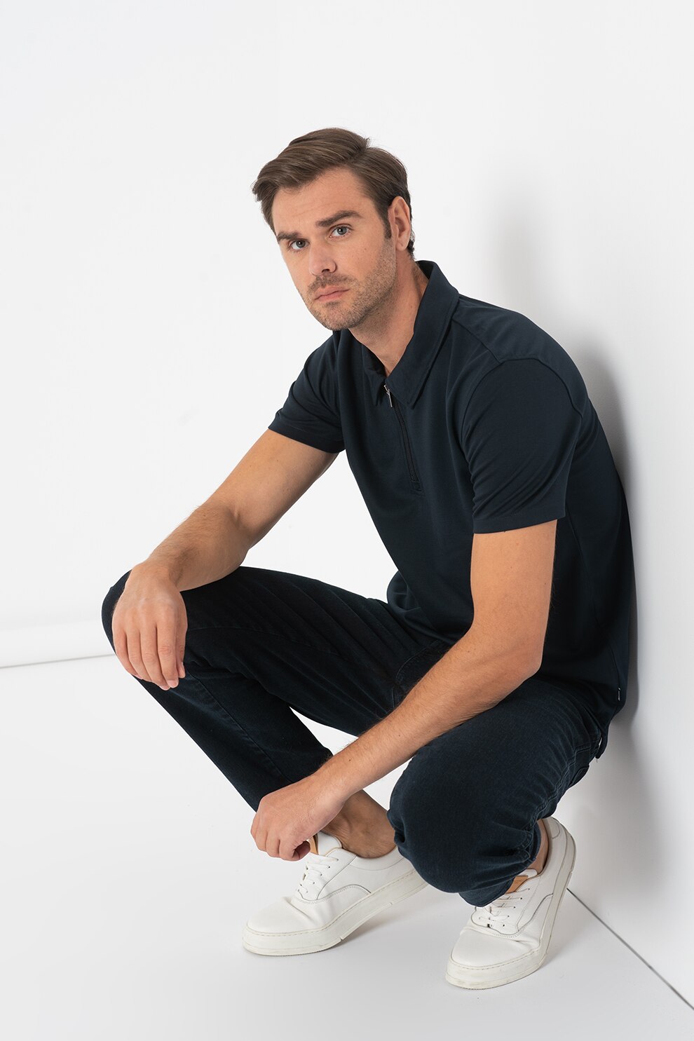 Only & Sons, Tricou polo regular fit cu fenta cu fermoar Dean, Bleumarin inchis