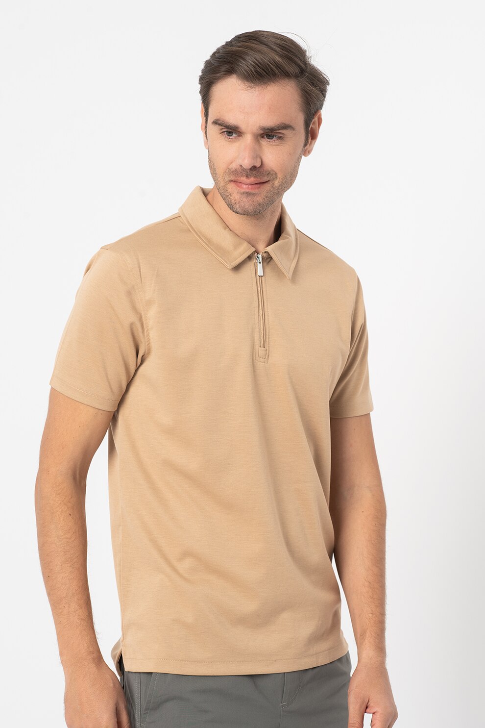 Only & Sons, Tricou polo regular fit cu fenta cu fermoar Dean, Maro nisip