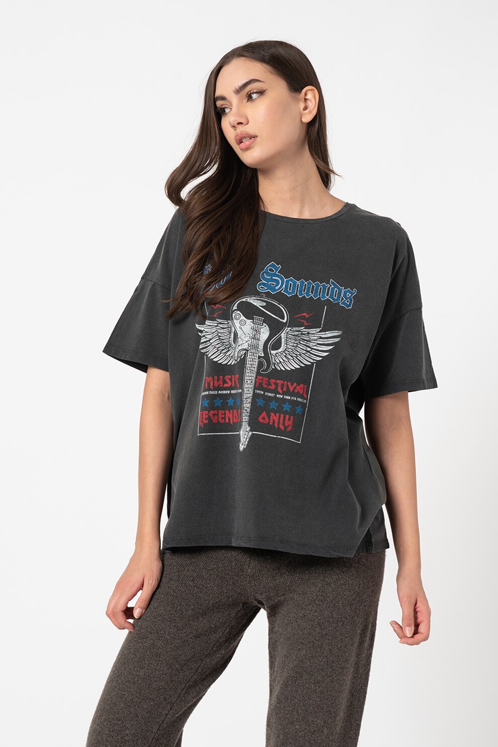 Noisy May, Tricou lejer cu maneci cazute Mida, Gri inchis