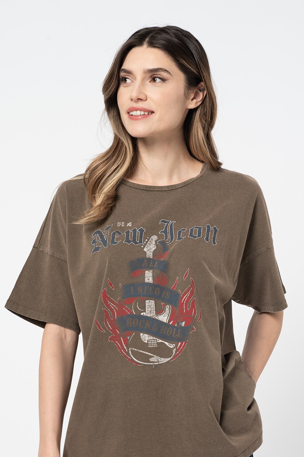 Noisy May, Tricou lejer cu maneci cazute Mida, Maro/Bleumarin/Rosu