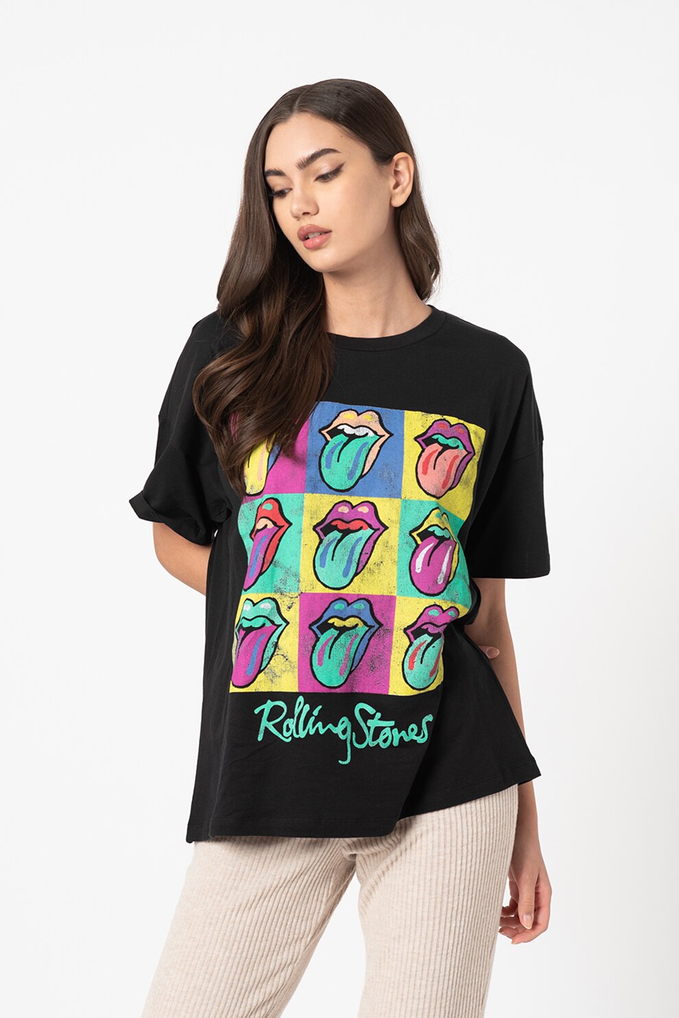 Noisy May, Tricou cu decolteu rotund si imprimeu Ida, Negru