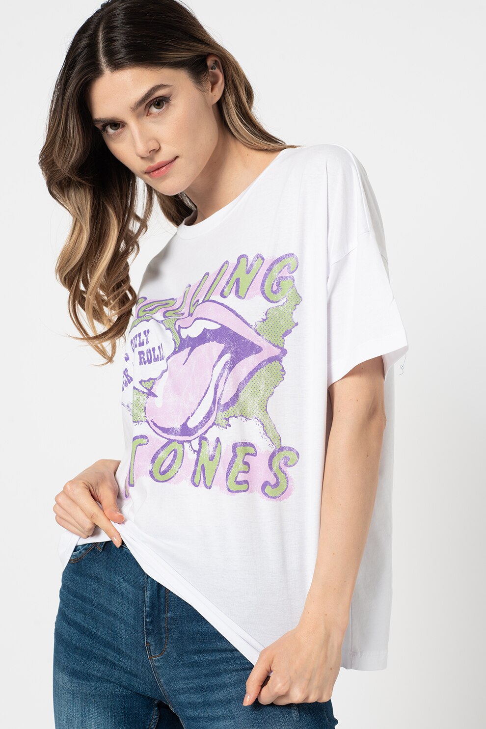 Noisy May, Tricou cu decolteu rotund si imprimeu Ida, Alb/lila/verde