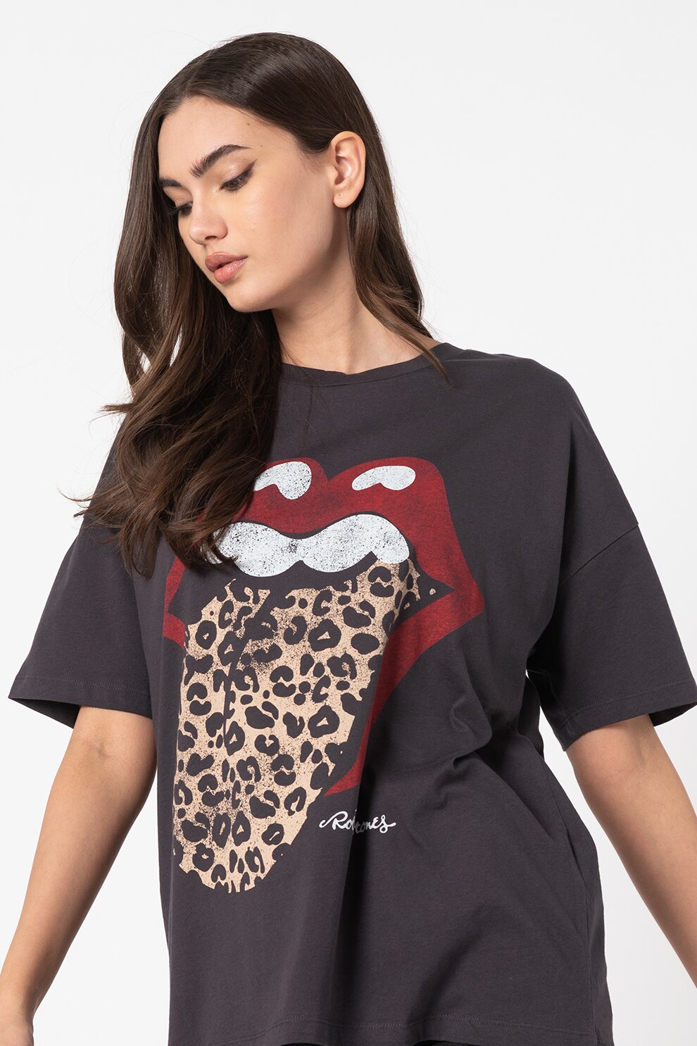 Noisy May, Tricou cu decolteu rotund si imprimeu Ida, Gri inchis/Rosu/Alb