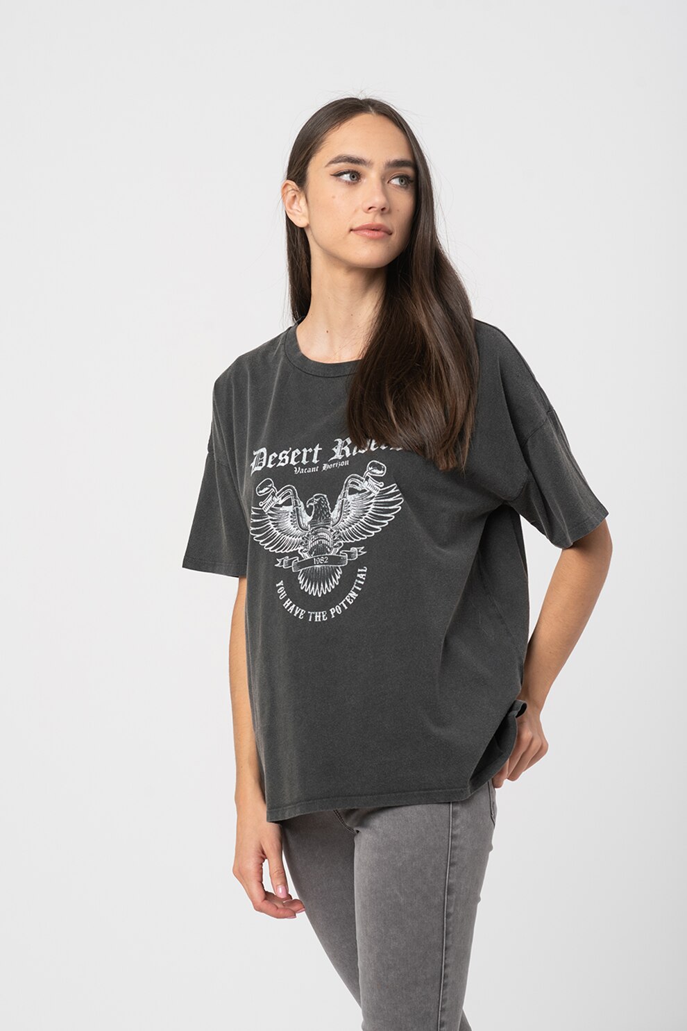 Noisy May, Tricou supradimensionat cu imprimeu Ida, Gri inchis melange/Alb
