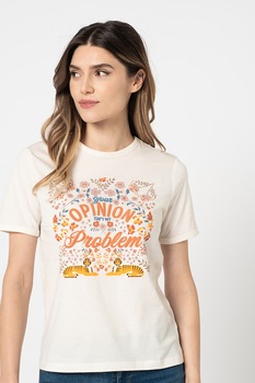 JdY, Tricou cu decolteu la baza gatului si broderie text Gus, Alb prafuit JdY, Tricou cu decolteu la baza gatului si broderie text Gus, Alb prafuit