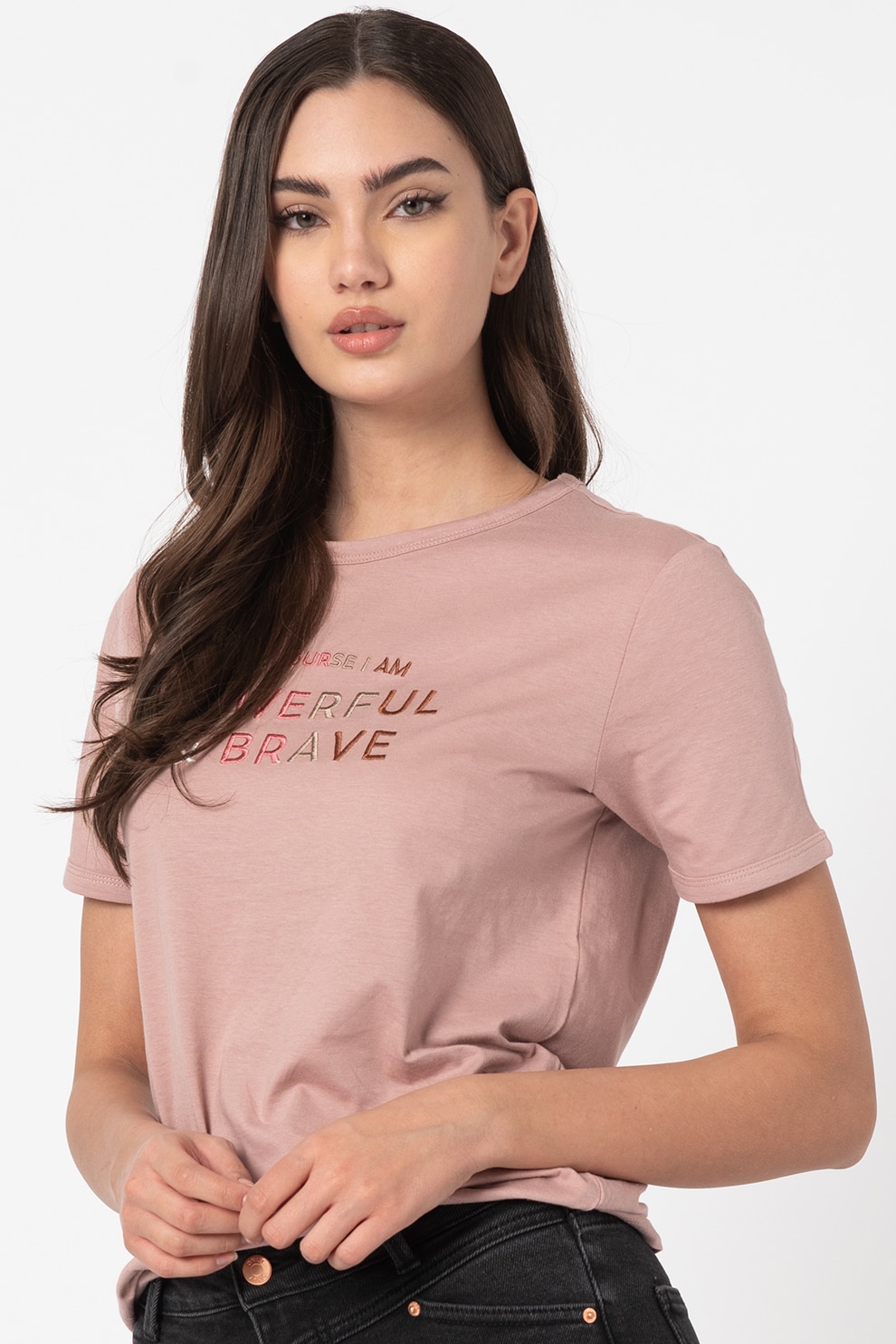 JdY, Tricou cu decolteu la baza gatului si broderie text Gus, Roz prafuit