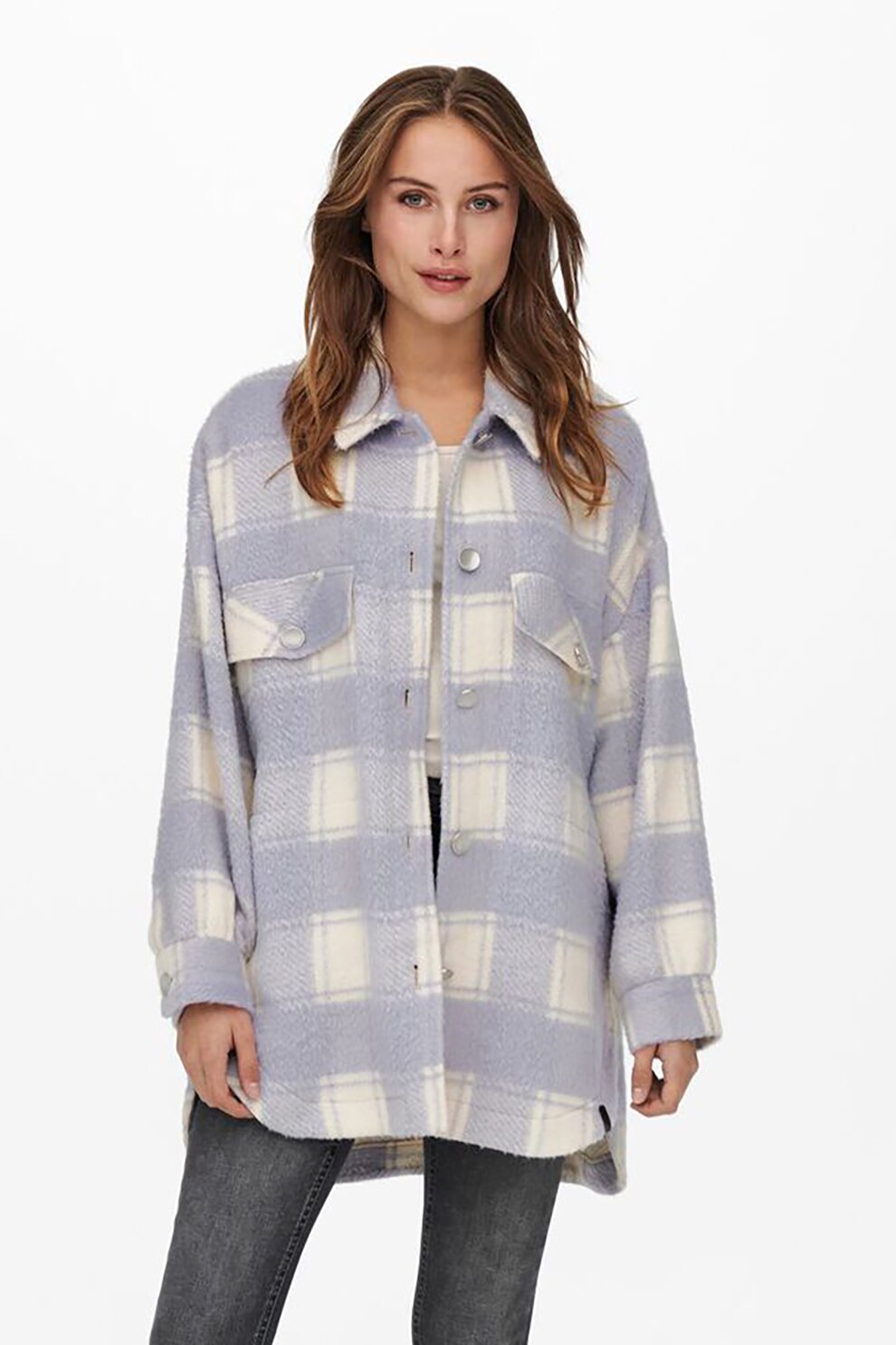 Only, Jacheta cu model in carouri si buzunare pe piept, Lila prafuit/alb prafuit