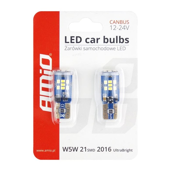 Set becuri auto cu LED CANBUS UltraBright compatibil T10 W5W 21 SMD Alb 12V/24V, destinat competitiilor auto sau off-road