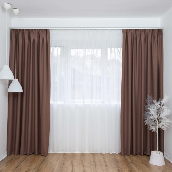 Set Decolis, Draperie Blackout Evelyn Maro Inchis 2 buc x 175 cm, cu Perdea Voal Alb 1 buc x 400 cm, H-250 cm