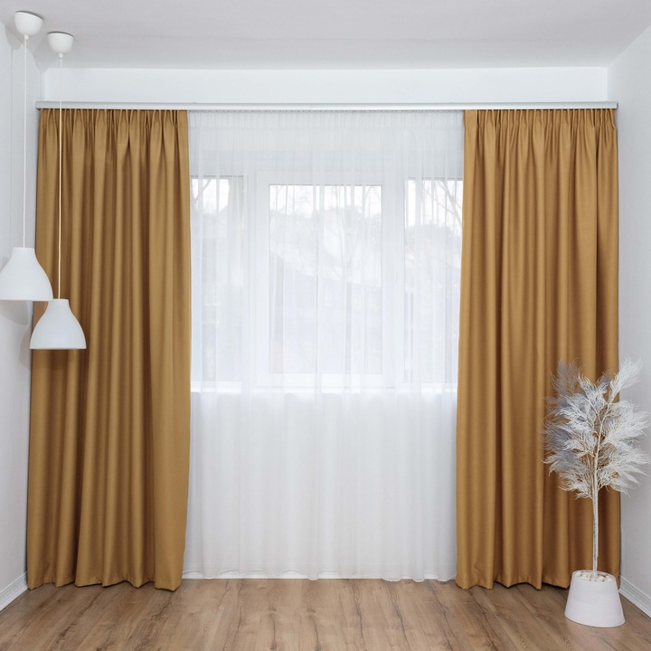 Set Decolis, Draperie Blackout Evelyn Mustar 2 buc x 175 cm, cu Perdea Voal Alb 1 buc x 400 cm, H-250 cm