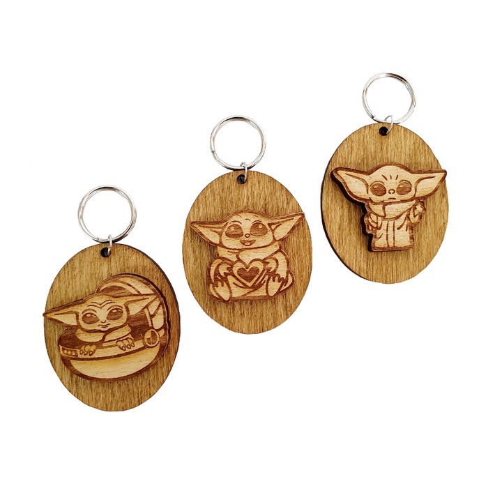 Figurine Set 3 Brelocuri Baby Yoda Star Wars Bebe Mandalorian, Lemn